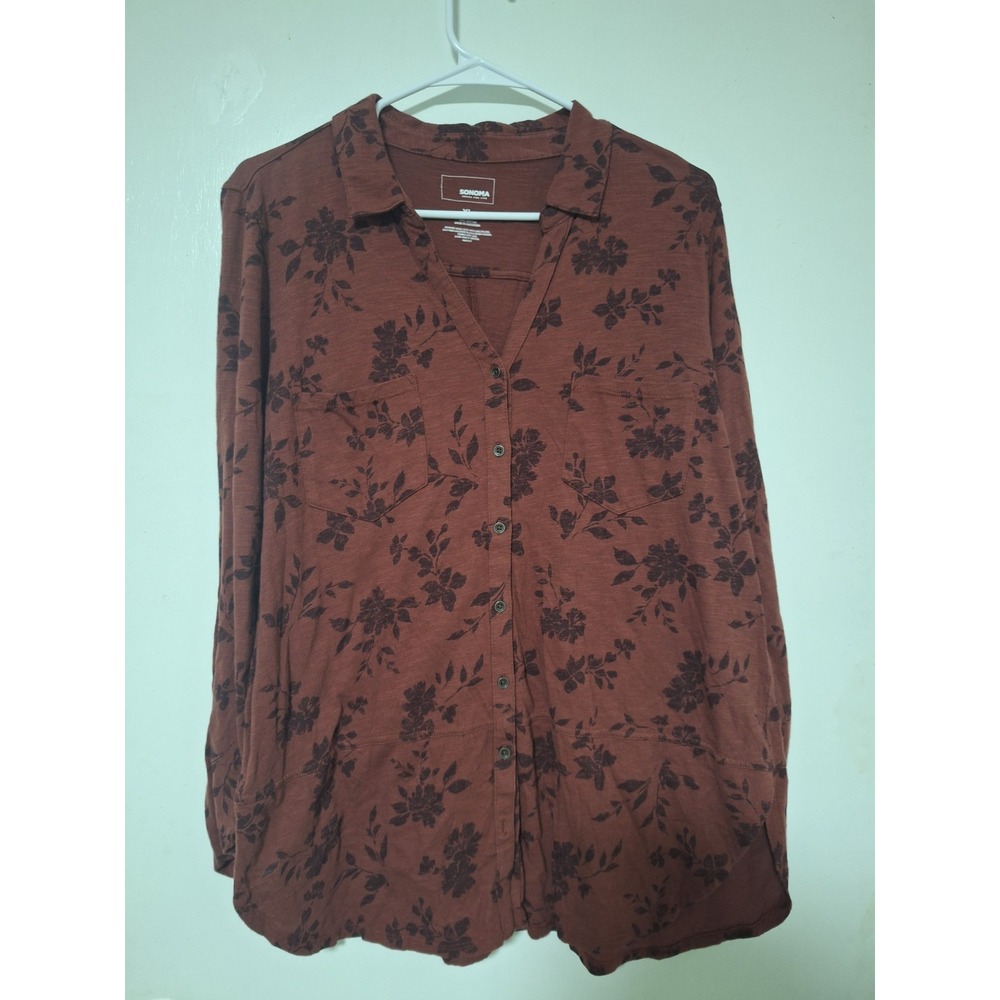 Sonoma Size XL Rust Brown Cotton Jersey Button Down Collared Tunic Fall Floral